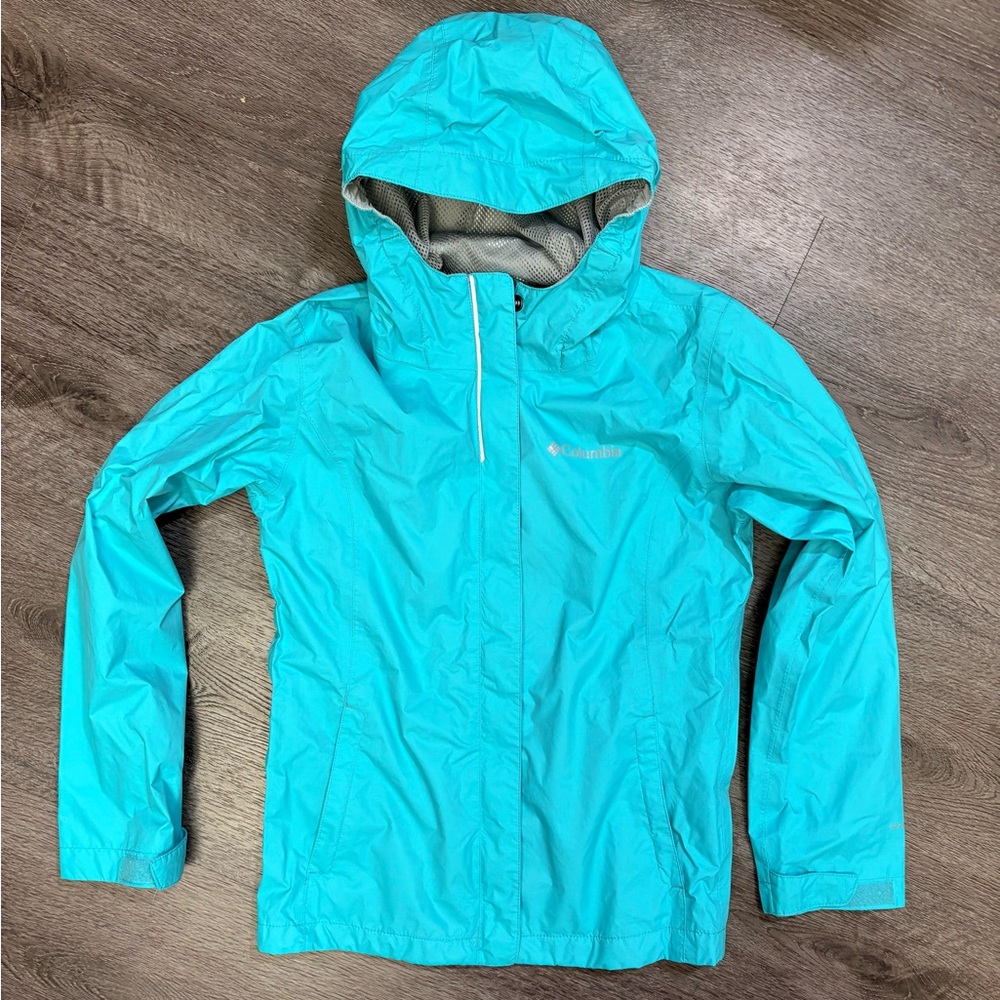 Columbia Arcadia Girls Med (10/12) Turquoise Nylon Full Zip Hooded Rain Jacket